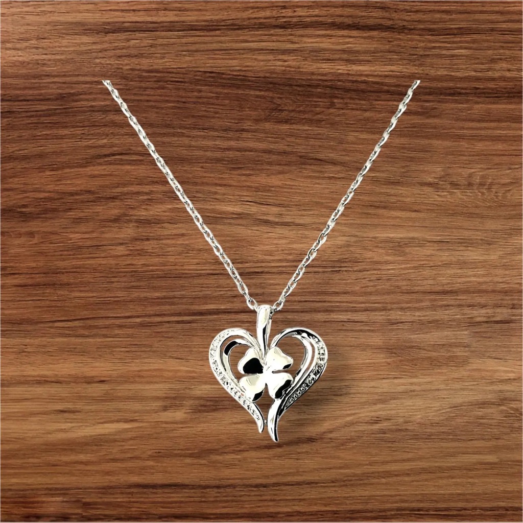 Elegant 925 Sterling Silver Heart 4 Leaf Clover Pendant W/Cz Free Chain Necklace